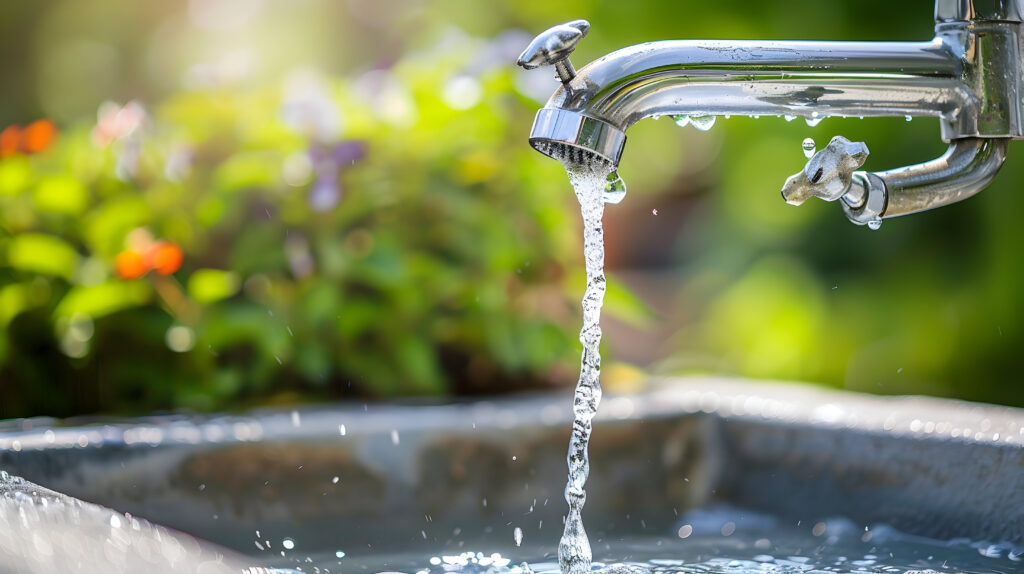 water flows from silver faucet into sink surrounded by orange flower